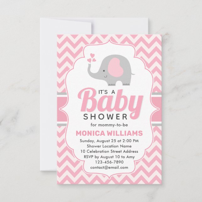 Cute Pink Gray Elephant Girl Baby Shower Invitation (Front)