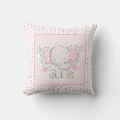 Cute Pink Gray Elephant Polka Dots Baby Girl Throw Pillow