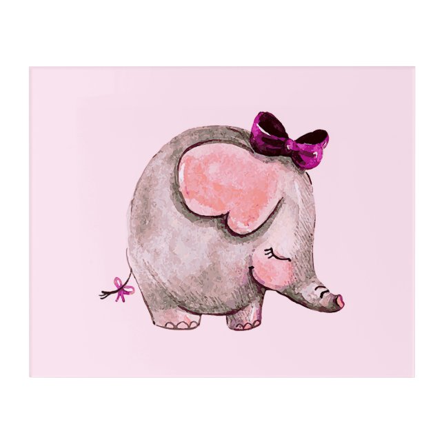Cute Pink & Gray Elephant Print Acrylic Wall Art (Front)