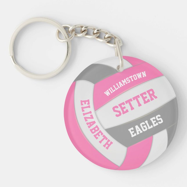 cute pink gray girly personalized volleyball keychain (Front)