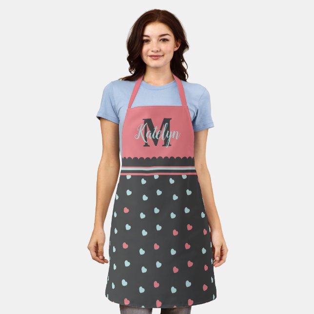 Cute Pink & Gray Heart Pattern Monogrammed Kitchen Apron (Worn)