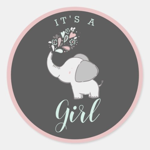 Cute Pink Gray  Mint Elephant Its a Girl Favor Classic Round Sticker