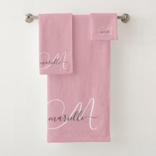 Cute Pink Gray Monogram Script Name Elegant Bath Towel Set