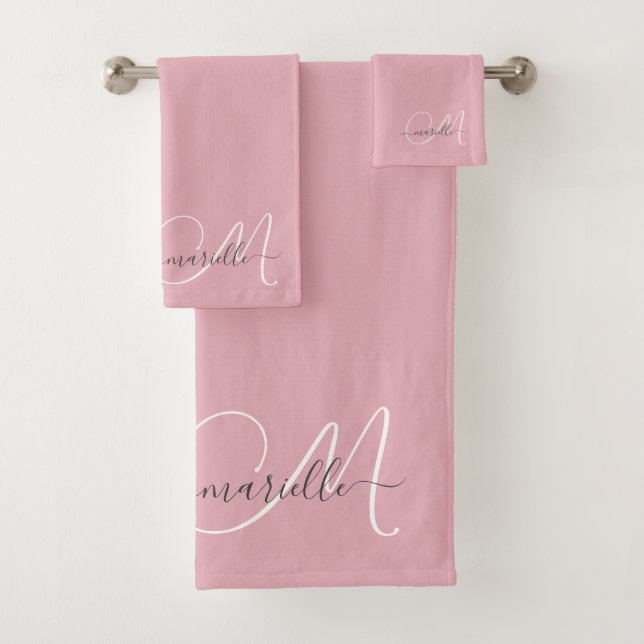 Cute Pink Gray Monogram Script Name Elegant Bath Towel Set (Insitu)