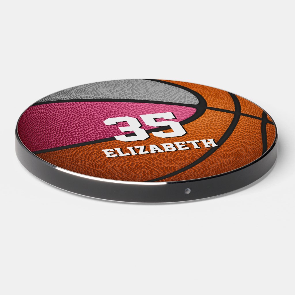 cute pink gray personalized girls basketball wireless charger