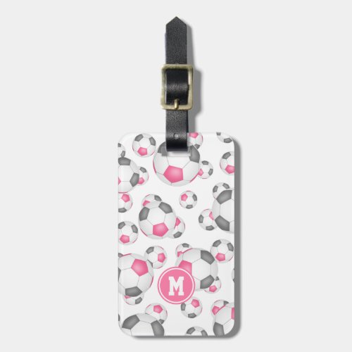 cute pink gray soccer balls pattern monogrammed luggage tag
