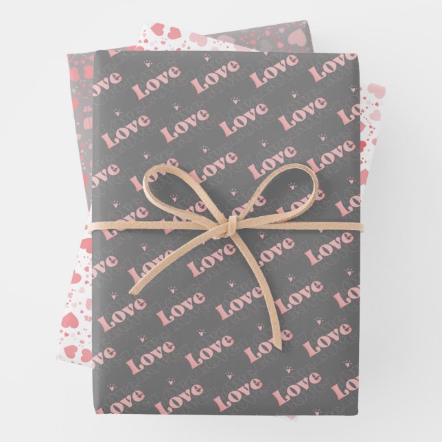 Cute Pink/Gray Valentine ‘Love’ & Heart Pattern  Wrapping Paper Sheets (In situ)