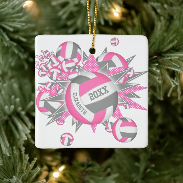 cute pink gray volleyball blowout girls sports ceramic ornament (Tree)