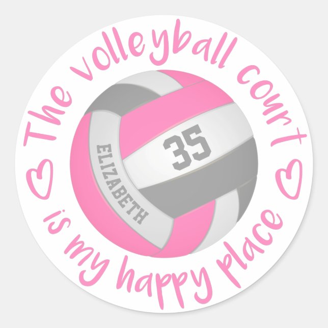 cute pink gray volleyball court my happy place classic round sticker (Front)