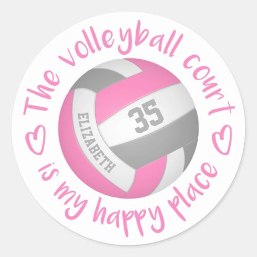 cute pink gray volleyball court my happy place classic round sticker