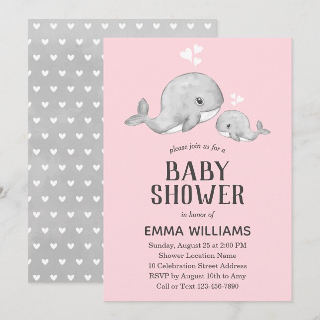 Cute Pink Gray Whale Baby Shower Invitation - Girl (Front/Back)