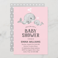 Cute Pink Gray Whale Baby Shower Invitation - Girl