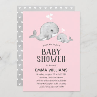 Cute Pink Gray Whale Baby Shower Invitation - Girl