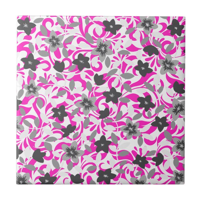 Cute pink gray white abstract flowers ceramic tile (Front)