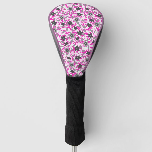Cute pink gray white abstract flowers golf head cover (Front)