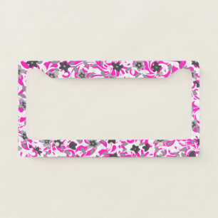 Cute pink gray white abstract flowers license plate frame