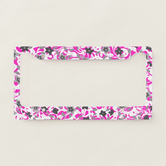 Cute pink gray white abstract flowers license plate frame (Front)