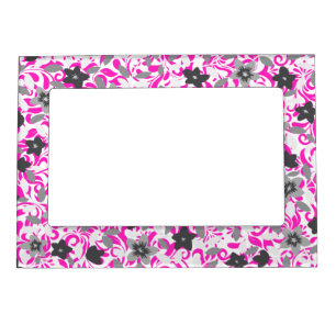 Cute pink gray white abstract flowers magnetic frame