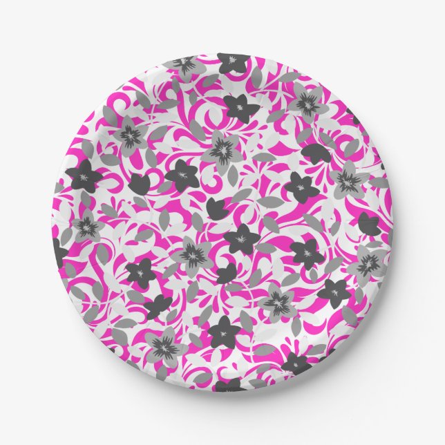 Cute pink gray white abstract flowers paper plates (Front)
