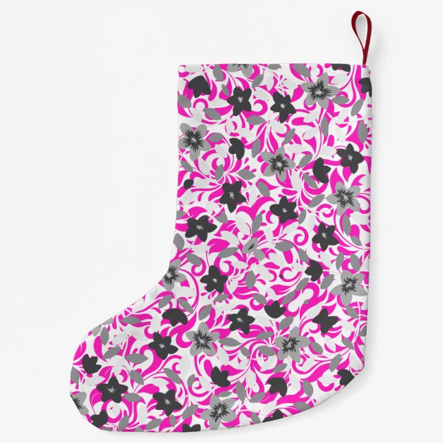 Cute pink gray white abstract flowers small christmas stocking (Back)