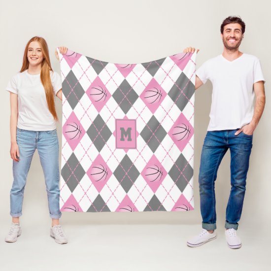 cute pink gray white basketball themed argyle fleece blanket