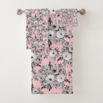 Cute Pink Gray White Floral Watercolor Paint Bath Towel Set by InovArtS at Zazzle
