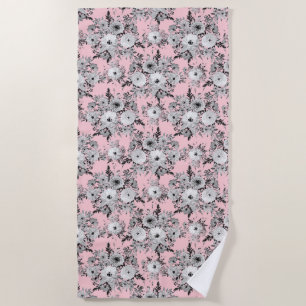 Cute Pink Gray White Floral Watercolor Paint Beach Towel