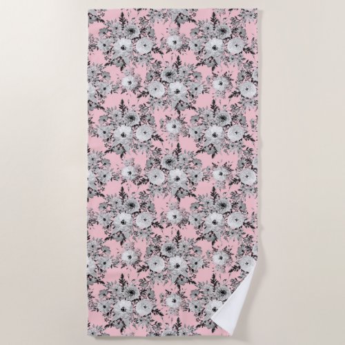 Cute Pink Gray White Floral Watercolor Paint Beach Towel