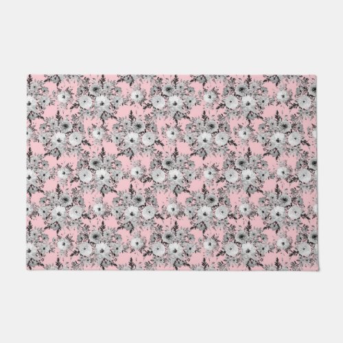 Cute Pink Gray White Floral Watercolor Paint Doormat