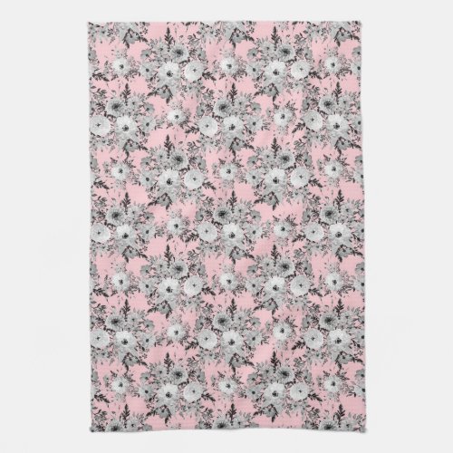 Cute Pink Gray White Floral Watercolor Paint Kitchen Towel