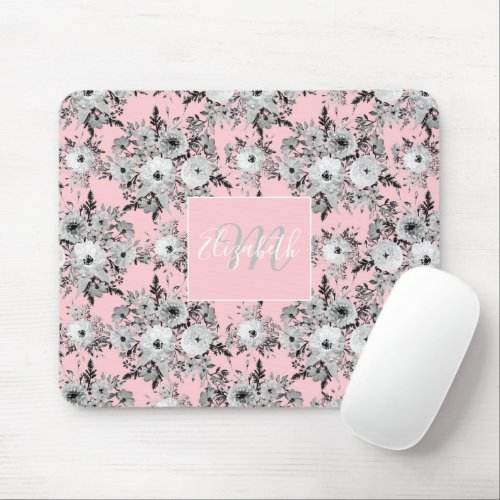 Cute Pink Gray White Floral Watercolor Paint Mouse Pad