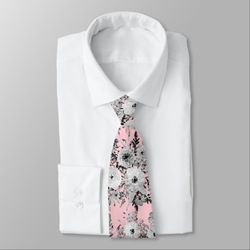 Cute Pink Gray White Floral Watercolor Paint Neck Tie