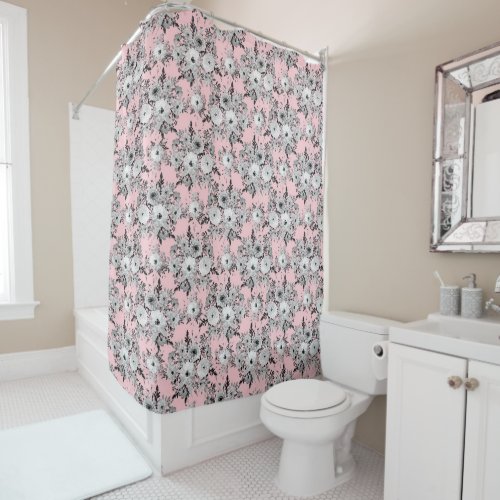 Cute Pink Gray White Floral Watercolor Paint Shower Curtain