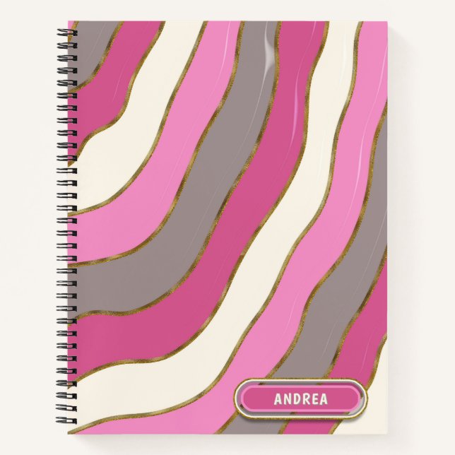 Cute Pink Gray White Tones Groovy Curve Stripes  Notebook (Front)