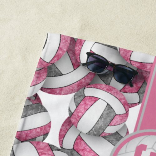 Cute pink gray white volleyballs custom name  beach towel