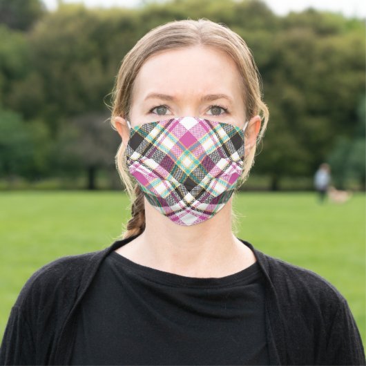 Cute Pink Green And Black Girly Tartan Plaid Adult Cloth Face Mask (Outside)
