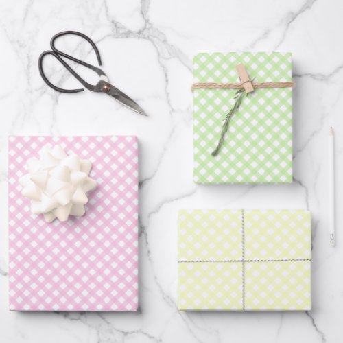 Cute Pink Green and Yellow Pastel Gingham Pattern Wrapping Paper Sheets