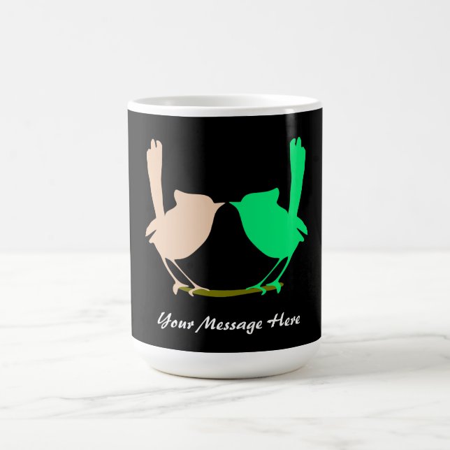 Cute pink green birds kissing on branch name coffee mug (Center)