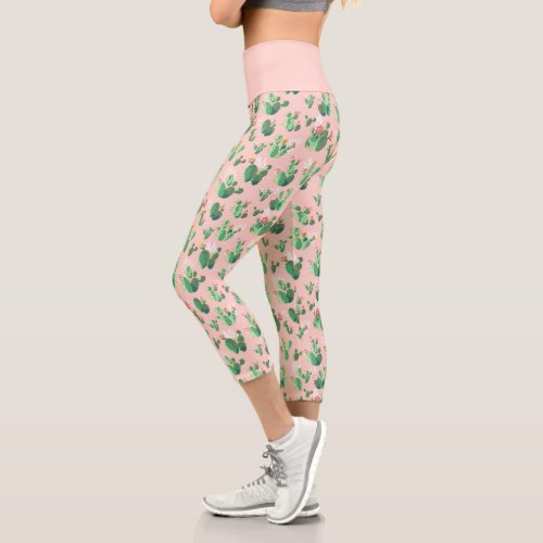 Cute Pink Green Cactus Succulent Plant Pattern Capri Leggings