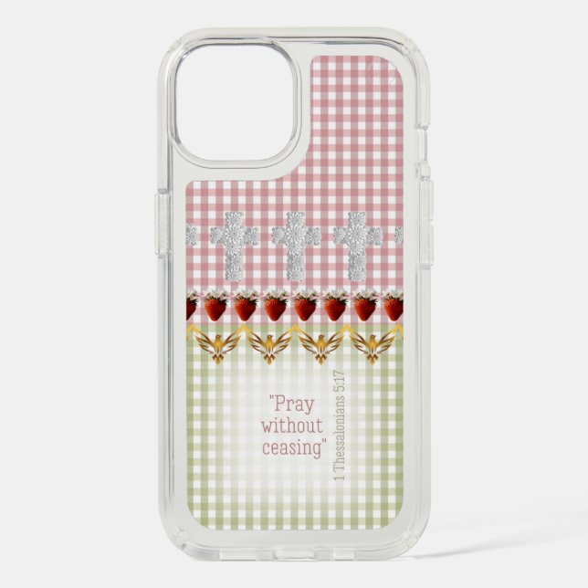 Cute Pink Green Checks Cross Strawberry Dove Faith Speck iPhone Case (Front)