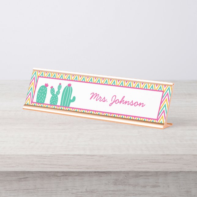 Cute Pink Green Chevron Pattern Cactus Teacher Desk Name Plate (Front)