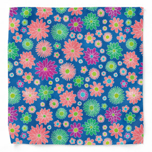 Cute Pink Green Daisy Floral on Blue Bandana