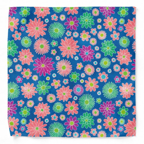 Cute Pink Green Daisy  Floral on Blue Bandana