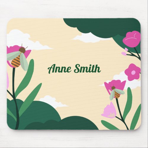 Cute Pink Green Floral Bees Personalized Mouse Pad