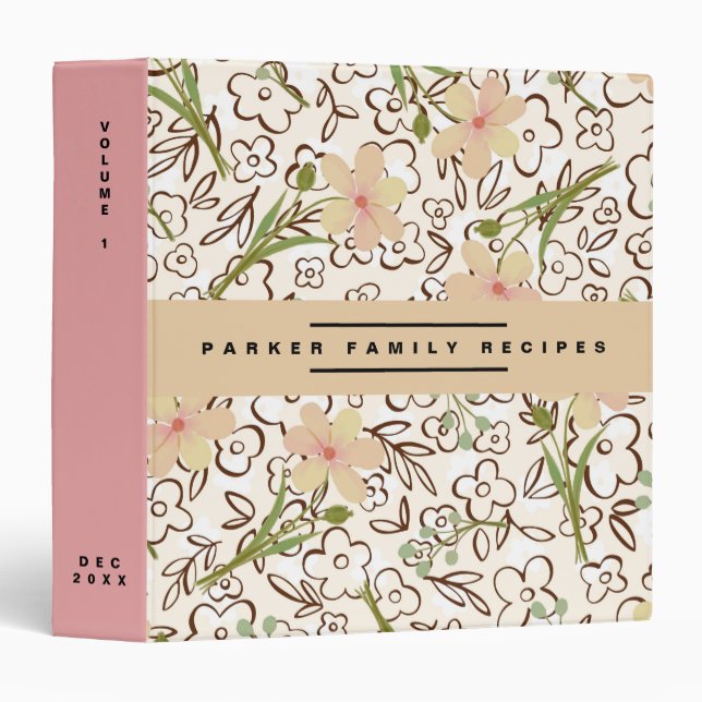 Cute Pink Green Floral Botanical Pattern Recipe 3 Ring Binder (Front/Spine)