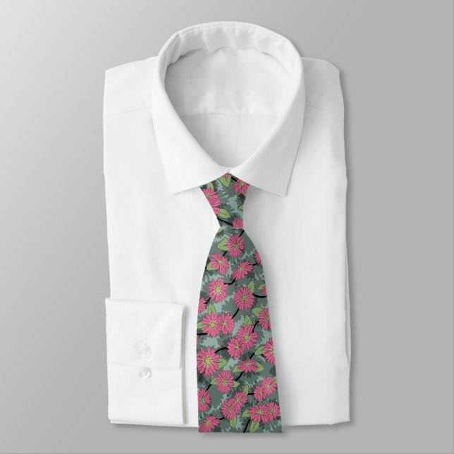 Cute Pink & Green Flower Pattern Neck Tie (Tied)