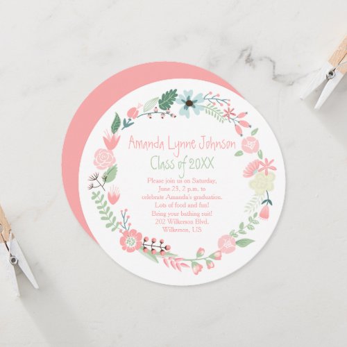Cute Pink Green Flowers Wreath Graduation Invite 5.25" Square Invitation Card