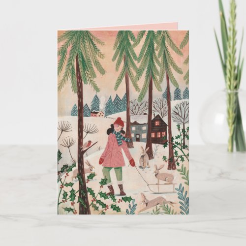 Cute pink  green girl and rabbits snow landscape holiday card