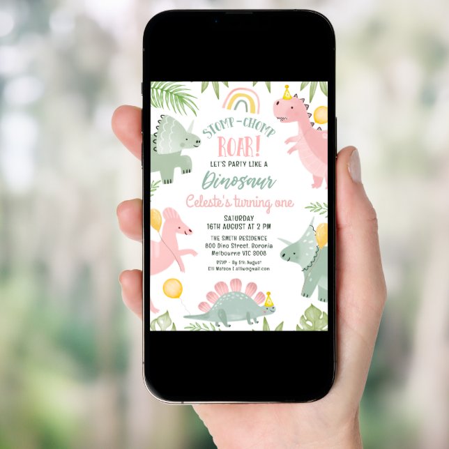 Cute Pink Green Girls Dinosaur 1st Birthday  Invitation (Front Digital)