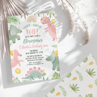 Cute Pink Green Girls Dinosaur 1st Birthday 